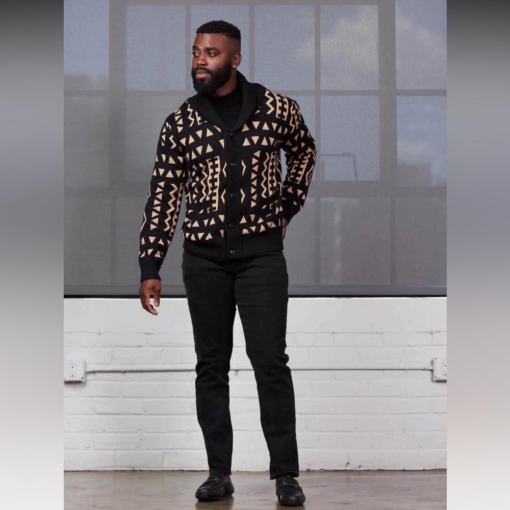 D'iyanu Mens Nwt Cardigan Sweater Sz 3xl African Print Black/Tan Geometric New — image 4 of 8